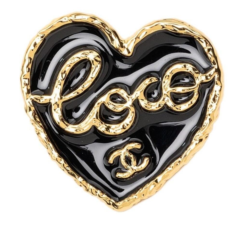 Chanel CC Logo COCO Heart Pin Brooch Pin Badge Gold Black Plating Enamel